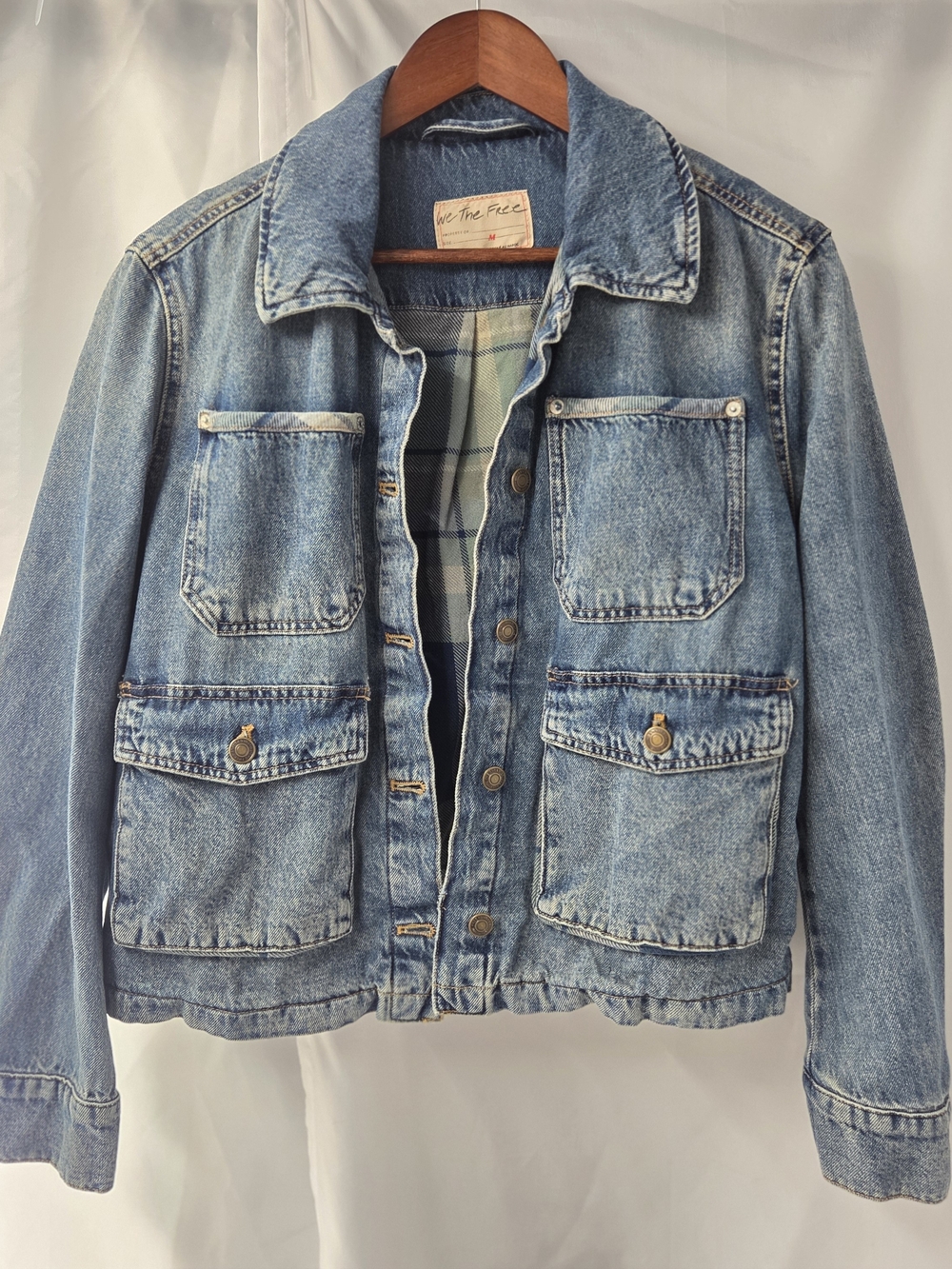 FP We The Free Dani Denim Utility Jacket Boxy Chore Shacket Flannel Lined Medium